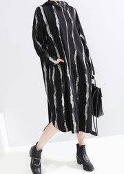 Handmade black striped Fine Long coats Cotton zippered hooded outwears - bagstylebliss