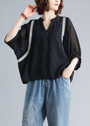 Handmade black top silhouette v neck Batwing Sleeve summer shirt - bagstylebliss