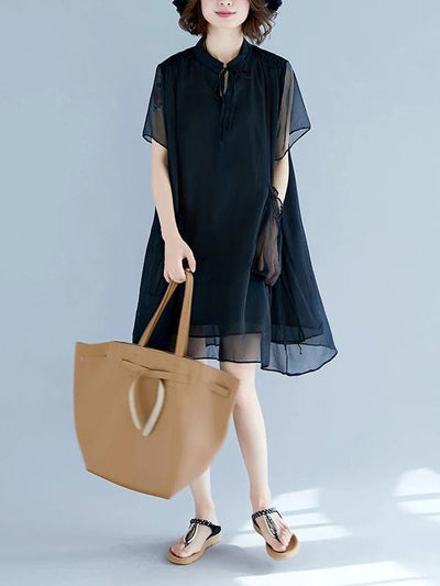 Handmade black tunic pattern stand collar pockets A Line Dresses - bagstylebliss