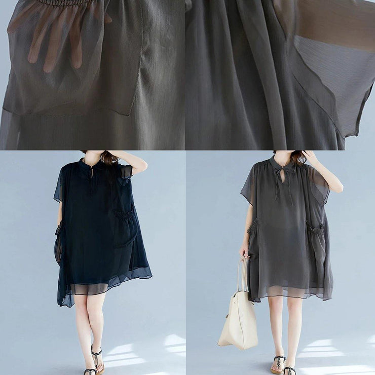 Handmade black tunic pattern stand collar pockets A Line Dresses - bagstylebliss