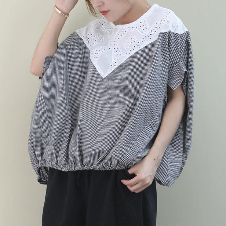 Handmade black white plaid cotton linen tops women Outfits o neck Batwing Sleeve shirt - bagstylebliss