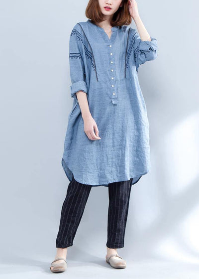 Handmade blue linen clothes embroidery Midi summer Dresses - bagstylebliss