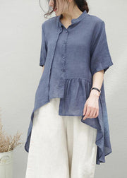 Handmade blue linen clothes stand collar asymmetric cotton blouse - bagstylebliss