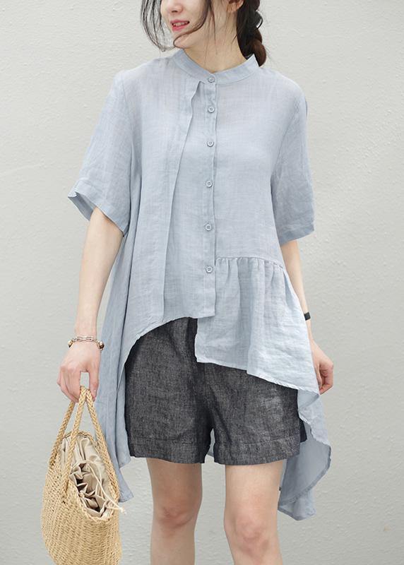 Handmade blue linen clothes stand collar asymmetric cotton blouse - bagstylebliss