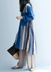 Handmade blue patchwork striped lapel Dress - bagstylebliss