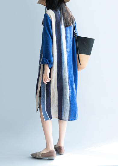 Handmade blue patchwork striped lapel Dress - bagstylebliss