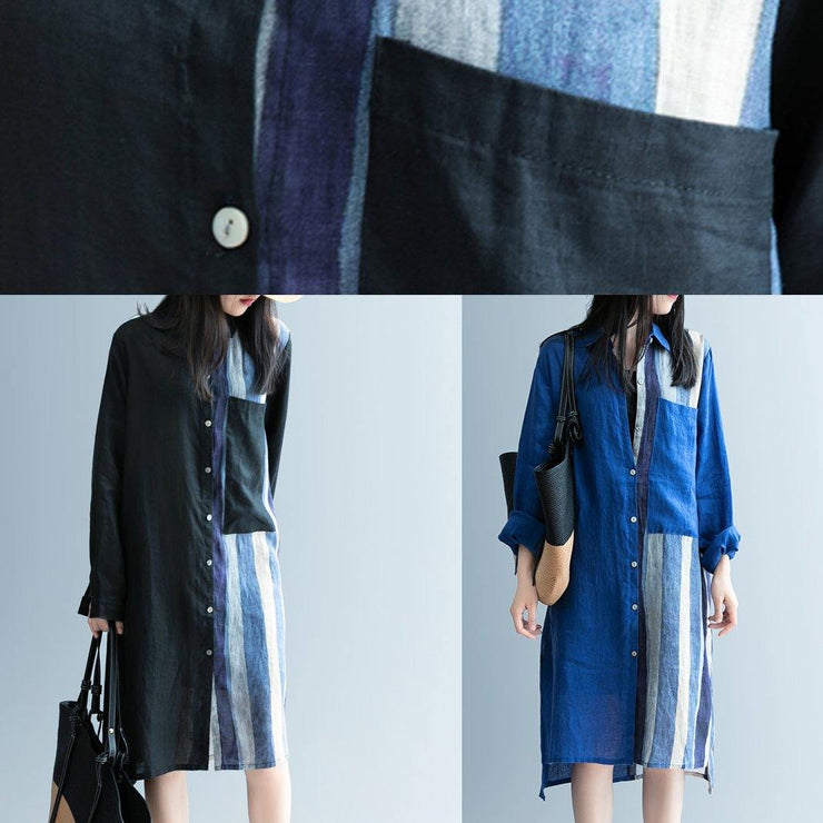 Handmade blue patchwork striped lapel Dress - bagstylebliss