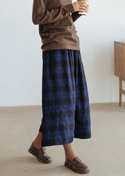 Handmade blue plaid pants plus size fall wide leg pants - bagstylebliss