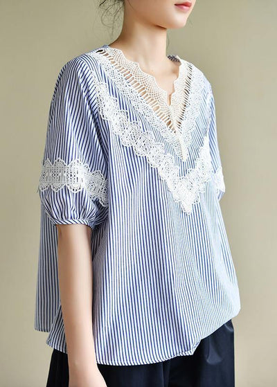 Handmade blue striped tops v neck patchwork lace Art top - bagstylebliss