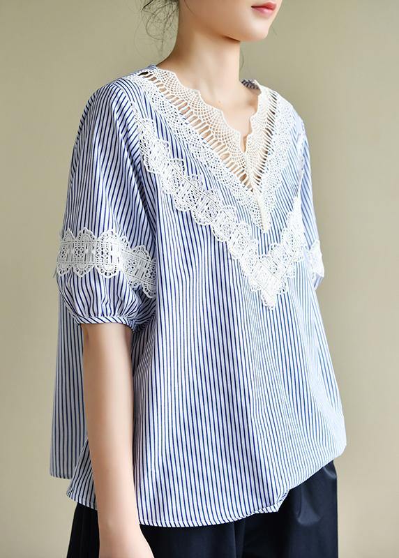 Handmade blue striped tops v neck patchwork lace Art top - bagstylebliss