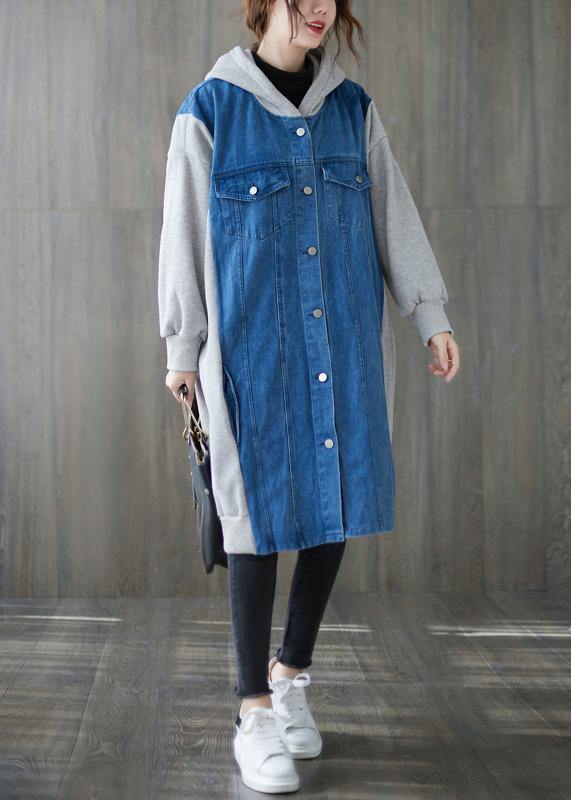 Handmade blue  tunics for women Tops hooded patchwork outwears - bagstylebliss