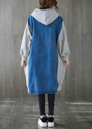 Handmade blue  tunics for women Tops hooded patchwork outwears - bagstylebliss