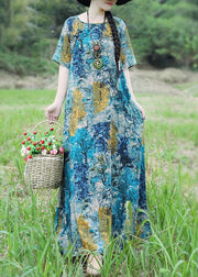 Handmade blue yellow floral cotton linen Outfits o neck Maxi Summer Dress - bagstylebliss