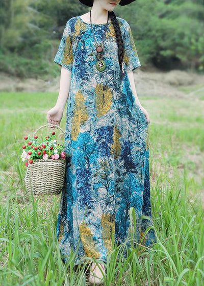 Handmade blue yellow floral cotton linen Outfits o neck Maxi Summer Dress - bagstylebliss