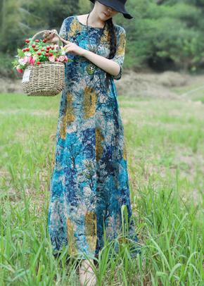 Handmade blue yellow floral cotton linen Outfits o neck Maxi Summer Dress - bagstylebliss