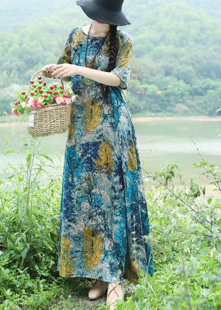 Handmade blue yellow floral cotton linen Outfits o neck Maxi Summer Dress - bagstylebliss