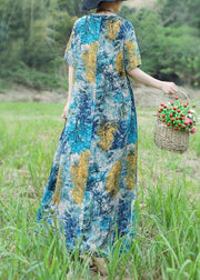 Handmade blue yellow floral cotton linen Outfits o neck Maxi Summer Dress - bagstylebliss