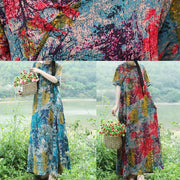 Handmade blue yellow floral cotton linen Outfits o neck Maxi Summer Dress - bagstylebliss