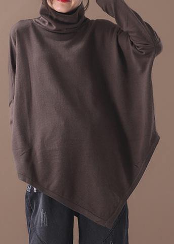 Handmade chocolate cotton tunics for women asymmetric hem short high neck blouse - bagstylebliss