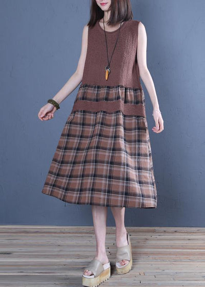 Handmade chocolate plaid linen dresses o neck patchwork Dress - bagstylebliss