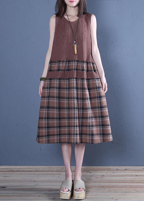 Handmade chocolate plaid linen dresses o neck patchwork Dress - bagstylebliss