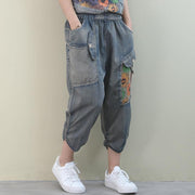 Handmade denim blue casual elastic waist patchwork Shape wide leg pants - bagstylebliss