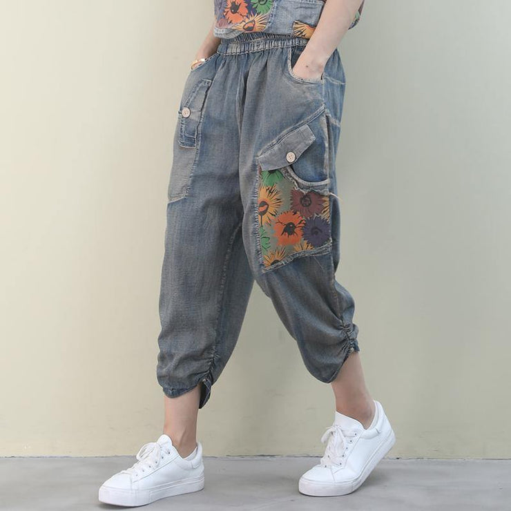 Handmade denim blue casual elastic waist patchwork Shape wide leg pants - bagstylebliss