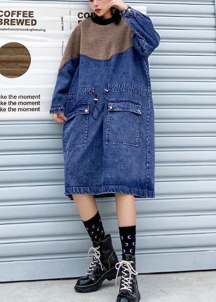 Handmade denim blue cotton quilting dresses drawstring long patchwork Dresses - bagstylebliss