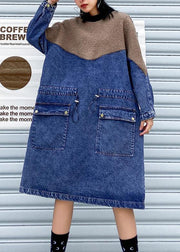 Handmade denim blue cotton quilting dresses drawstring long patchwork Dresses - bagstylebliss