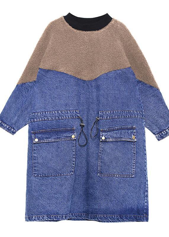 Handmade denim blue cotton quilting dresses drawstring long patchwork Dresses - bagstylebliss