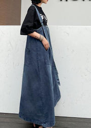Handmade denim blue cotton sleeveless pockets cotton robes summer Dresses - bagstylebliss