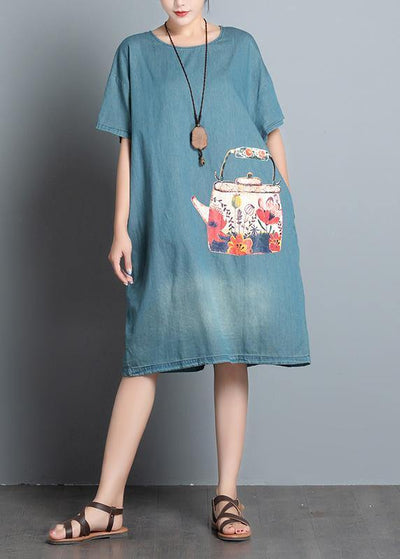 Handmade denim blue print Cotton quilting dresses o neck Art summer Dresses - bagstylebliss