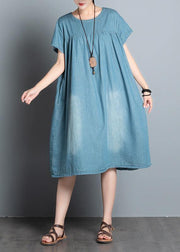 Handmade denim blue quilting clothes o neck patchwork daily summer Dress - bagstylebliss