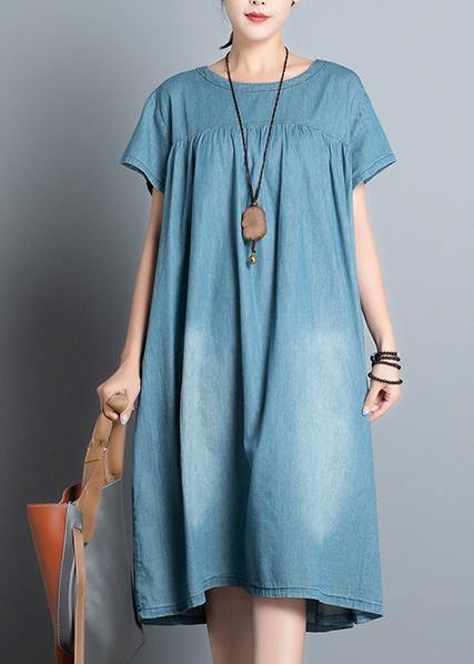 Handmade denim blue quilting clothes o neck patchwork daily summer Dress - bagstylebliss