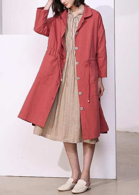 Handmade drawstring Plus Size lapel collar tunic coat red oversized outwear - bagstylebliss