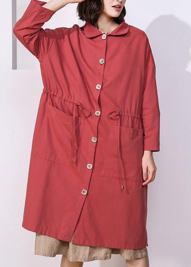 Handmade drawstring Plus Size lapel collar tunic coat red oversized outwear - bagstylebliss