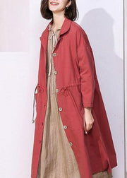 Handmade drawstring Plus Size lapel collar tunic coat red oversized outwear - bagstylebliss