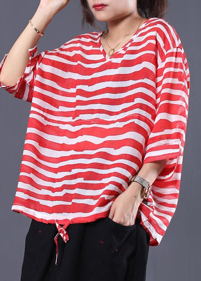 Handmade drawstring hem cotton tunics for women Sleeve red striped shirts summer - bagstylebliss