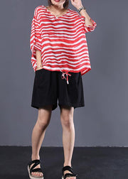 Handmade drawstring hem cotton tunics for women Sleeve red striped shirts summer - bagstylebliss