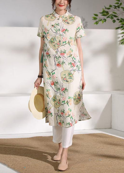 Handmade floral linen Long Shirts stand collar Button Down Midi Dresses - bagstylebliss