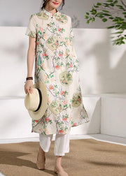 Handmade floral linen Long Shirts stand collar Button Down Midi Dresses - bagstylebliss