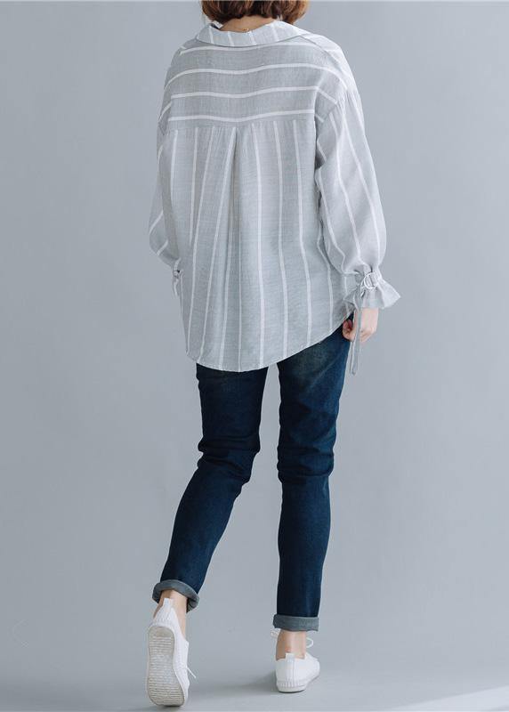 Handmade gray striped cotton Tunic lapel low high design Dresses fall blouses - bagstylebliss