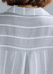 Handmade gray striped cotton Tunic lapel low high design Dresses fall blouses - bagstylebliss