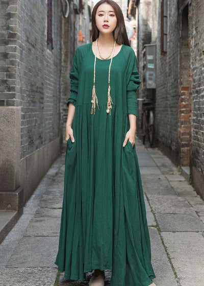 Handmade green cotton dresses long sleeve Maxi summer Dresses - bagstylebliss