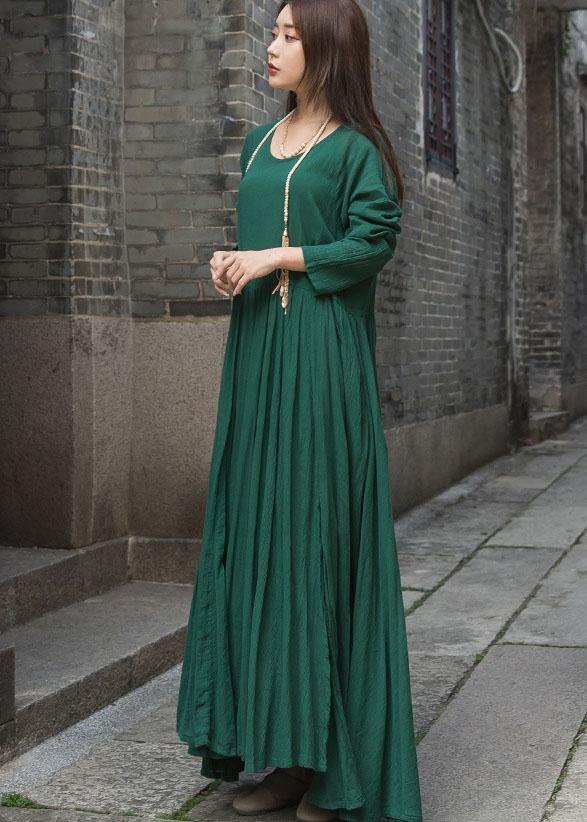 Handmade green cotton dresses long sleeve Maxi summer Dresses - bagstylebliss