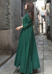 Handmade green cotton dresses long sleeve Maxi summer Dresses - bagstylebliss