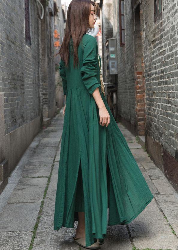 Handmade green cotton dresses long sleeve Maxi summer Dresses - bagstylebliss