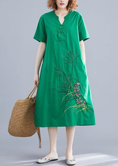 Handmade green embroidery linen Robes Chinese Button cotton summer Dresses - bagstylebliss