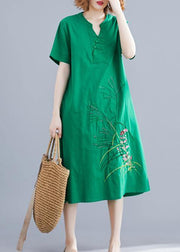 Handmade green embroidery linen Robes Chinese Button cotton summer Dresses - bagstylebliss