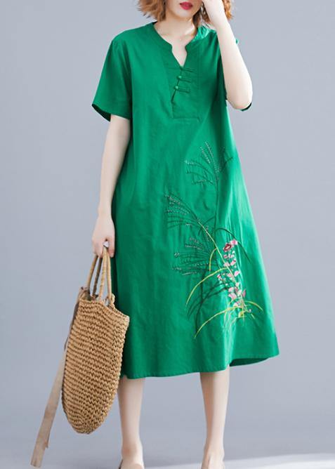 Handmade green embroidery linen Robes Chinese Button cotton summer Dresses - bagstylebliss